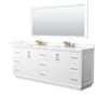 Wyndham Collection Strada 84" Free Standing Double Basin Vanity Set with Cabinet, Quartz Vanity Top, and Framed Mirror White / Giotto Quartz Top / Satin Bronze Hardware