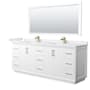 Wyndham Collection Strada 84" Free Standing Double Basin Vanity Set with Cabinet, Cultured Marble Vanity Top, and Framed Mirror White / White Cultured Marble Top / Satin Bronze Hardware