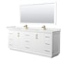 Wyndham Collection Strada 84" Free Standing Double Basin Vanity Set with Cabinet, Quartz Vanity Top, and Framed Mirror White / White Quartz Top / Satin Bronze Hardware