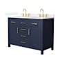 Wyndham Collection Beckett 48" Free Standing Double Basin Vanity Set with Cabinet and Quartz Vanity Top Dark Blue / White Quartz Top / Brushed Gold Hardware