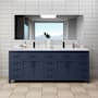 Wyndham Collection Beckett 84" Free Standing Double Basin Vanity Set with Cabinet and Cultured Marble Vanity Top Dark Blue / Carrara Cultured Marble Top / Matte Black Hardware