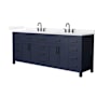 Wyndham Collection Beckett 84" Free Standing Double Basin Vanity Set with Cabinet and Quartz Vanity Top Dark Blue / White Quartz Top / Matte Black Hardware
