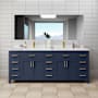 Wyndham Collection Beckett 84" Free Standing Double Basin Vanity Set with Cabinet and Cultured Marble Vanity Top Dark Blue / Carrara Cultured Marble Top / Brushed Gold Hardware