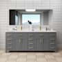 Wyndham Collection Beckett 84" Free Standing Double Basin Vanity Set with Cabinet and Cultured Marble Vanity Top Dark Gray / Carrara Cultured Marble Top / Brushed Gold Hardware