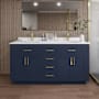 Wyndham Collection Beckett TK 66" Free Standing Double Basin Vanity Set with Cabinet and Quartz Vanity Top Dark Blue / White Quartz Top / Brushed Gold Hardware