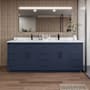 Wyndham Collection Beckett TK 84" Free Standing Double Basin Vanity Set with Cabinet and Cultured Marble Vanity Top Dark Blue / Carrara Cultured Marble Top / Matte Black Hardware
