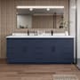 Wyndham Collection Beckett TK 84" Free Standing Double Basin Vanity Set with Cabinet and Cultured Marble Vanity Top Dark Blue / White Cultured Marble Top / Matte Black Hardware