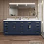 Wyndham Collection Beckett TK 84" Free Standing Double Basin Vanity Set with Cabinet and Cultured Marble Vanity Top Dark Blue / White Cultured Marble Top / Brushed Gold Hardware