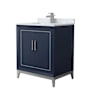Wyndham Collection Marlena 30" Free Standing Single Basin Vanity Set with Cabinet and Marble Vanity Top Dark Blue / Brushed Nickel Hardware