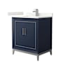 Wyndham Collection Marlena 30" Free Standing Single Basin Vanity Set with Cabinet and Quartz Vanity Top Dark Blue / Giotto Quartz Top / Brushed Nickel Hardware