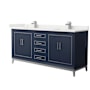 Wyndham Collection Marlena 72" Free Standing Double Basin Vanity Set with Cabinet and Quartz Vanity Top Dark Blue / White Quartz Top / Brushed Nickel Hardware