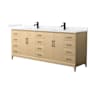 Wyndham Collection Janna 84" Free Standing Double Basin Vanity Set with Cabinet and Quartz Vanity Top White Oak / White Quartz Top / Matte Black Hardware