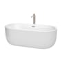 Wyndham Collection Juliette 67" Free Standing Acrylic Soaking Tub with Center Drain, Drain Assembly, and Overflow - Includes Floor Mounted Tub Filler with Hand Shower White / Brushed Nickel Trim