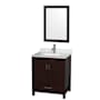 Wyndham Collection Sheffield 30" Free Standing Single Basin Vanity Set with Cabinet, Marble Vanity Top, and Framed Mirror Espresso / White Carrara Marble Top / Brushed Chrome Hardware