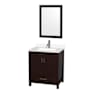 Wyndham Collection Sheffield 30" Free Standing Single Basin Vanity Set with Cabinet, Quartz Vanity Top, and Framed Mirror Espresso / White Quartz Top / Brushed Chrome Hardware