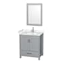 Wyndham Collection Sheffield 30" Free Standing Single Basin Vanity Set with Cabinet, Cultured Marble Vanity Top, and Framed Mirror Gray / Carrara Cultured Marble Top / Brushed Chrome Hardware