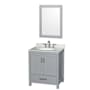 Wyndham Collection Sheffield 30" Free Standing Single Basin Vanity Set with Cabinet, Marble Vanity Top, and Framed Mirror Gray / White Carrara Marble Top / Brushed Chrome Hardware