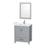 Wyndham Collection Sheffield 30" Free Standing Single Basin Vanity Set with Cabinet, Cultured Marble Vanity Top, and Framed Mirror Gray / White Cultured Marble Top / Brushed Chrome Hardware