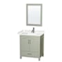 Wyndham Collection Sheffield 30" Free Standing Single Basin Vanity Set with Cabinet, Cultured Marble Vanity Top, and Framed Mirror Light Green / Carrara Cultured Marble Top / Brushed Nickel Hardware
