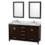 Wyndham Collection Sheffield 60" Free Standing Double Basin Vanity Set with Hardwood Cabinet, Marble Vanity Top, Framed Mirrors, and Undermount Oval Sinks Espresso / White Carrara Marble Top / Brushed Chrome Hardware