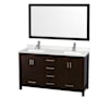 Wyndham Collection Sheffield 60" Free Standing Double Basin Vanity Set with Cabinet, Quartz Vanity Top, and Framed Mirror Espresso / Giotto Quartz Top / Brushed Chrome Hardware