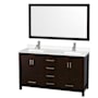 Wyndham Collection Sheffield 60" Free Standing Double Basin Vanity Set with Cabinet, Quartz Vanity Top, and Framed Mirror Espresso / White Quartz Top / Brushed Chrome Hardware