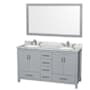 Wyndham Collection Sheffield 60" Free Standing Double Basin Vanity Set with Cabinet, Marble Vanity Top, and Framed Mirror Gray / White Carrara Marble Top / Brushed Chrome Hardware