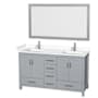Wyndham Collection Sheffield 60" Free Standing Double Basin Vanity Set with Cabinet, Cultured Marble Vanity Top, and Framed Mirror Gray / White Cultured Marble Top / Brushed Chrome Hardware