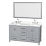 Wyndham Collection Sheffield 60" Free Standing Double Basin Vanity Set with Cabinet, Quartz Vanity Top, and Framed Mirror Gray / White Quartz Top / Brushed Chrome Hardware