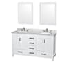 Wyndham Collection Sheffield 60" Free Standing Double Basin Vanity Set with Hardwood Cabinet, Marble Vanity Top, Framed Mirrors, and Undermount Oval Sinks White / White Carrara Marble Top / Brushed Chrome Hardware