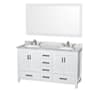 Wyndham Collection Sheffield 60" Free Standing Double Basin Vanity Set with Cabinet, Marble Vanity Top, and Framed Mirror White / White Carrara Marble Top / Brushed Chrome Hardware