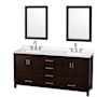 Wyndham Collection Sheffield 72" Free Standing Double Basin Vanity Set with Cabinet, Quartz Vanity Top, and Framed Mirror Espresso / White Quartz Top / Brushed Chrome Hardware