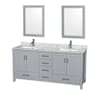 Wyndham Collection Sheffield 72" Freestanding Vanity Set with Hardwood Cabinet, Marble Vanity Top, Two Mirrors, and Two Undermount Rectangular Sinks - Less Faucet(s) Gray / White Carrara Marble Top / Brushed Chrome Hardware
