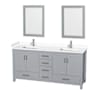 Wyndham Collection Sheffield 72" Free Standing Double Basin Vanity Set with Cabinet, Cultured Marble Vanity Top, and Framed Mirrors Gray / White Cultured Marble Top / Brushed Chrome Hardware