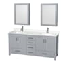 Wyndham Collection Sheffield 72" Free Standing Double Basin Vanity Set with Cabinet, Quartz Vanity Top, and Medicine Cabinet Gray / White Quartz Top / Brushed Chrome Hardware