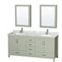 Wyndham Collection Sheffield 72" Free Standing Double Basin Vanity Set with Cabinet, Marble Vanity Top, and Medicine Cabinets Light Green / Brushed Nickel Hardware