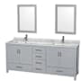 Wyndham Collection Sheffield 80" Free Standing Double Basin Vanity Set with Hardwood Cabinet, Marble Vanity Top, Framed Mirrors, and Undermount Rectangular Sinks Gray / White Carrara Marble Top / Brushed Chrome Hardware