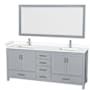 Wyndham Collection Sheffield 80" Free Standing Double Basin Vanity Set with Cabinet, Cultured Marble Vanity Top, and Framed Mirror Gray / White Cultured Marble Top / Brushed Chrome Hardware