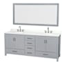 Wyndham Collection Sheffield 80" Free Standing Double Basin Vanity Set with Cabinet, Quartz Vanity Top, and Framed Mirror Gray / White Quartz Top / Brushed Chrome Hardware
