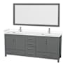 Wyndham Collection Sheffield 80" Free Standing Double Basin Vanity Set with Cabinet, Cultured Marble Vanity Top, and Framed Mirror Dark Gray / White Cultured Marble Top / Brushed Chrome Hardware