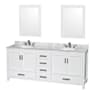 Wyndham Collection Sheffield 80" Free Standing Vanity Set with Hardwood Cabinet, Marble Vanity Top, Framed Mirrors, and Undermount Oval Sinks White / White Carrara Marble Top / Brushed Chrome Hardware
