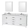 Wyndham Collection Sheffield 80" Free Standing Double Basin Vanity Set with Hardwood Cabinet, Marble Vanity Top, Medicine Cabinets, and Undermount Oval Sinks White / White Carrara Marble Top / Brushed Chrome Hardware