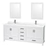 Wyndham Collection Sheffield 80" Free Standing Double Basin Vanity Set with Cabinet, Quartz Vanity Top, and Framed Mirror White / Giotto Quartz Top / Brushed Chrome Hardware