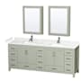 Wyndham Collection Sheffield 84" Free Standing Double Basin Vanity Set with Cabinet, Cultured Marble Vanity Top, and Medicine Cabinets Light Green / Carrara Cultured Marble Top / Brushed Nickel Hardware