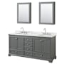Wyndham Collection Deborah 72" Free Standing Double Vanity Set with Wood Cabinet, Marble Vanity Top, and Medicine Cabinet Dark Gray / White Carrara Marble Top / Polished Chrome Hardware