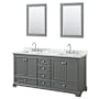 Wyndham Collection Deborah 72" Free Standing Double Vanity Set with Wood Cabinet, Marble Vanity Top, and Framed Mirror Dark Gray / White Carrara Marble Top / Polished Chrome Hardware
