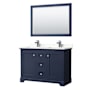Wyndham Collection Avery 48" Free Standing Double Basin Vanity Set with Cabinet, Quartz Vanity Top, and Framed Mirror Dark Blue / Giotto Quartz Top / Polished Chrome Hardware