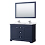Wyndham Collection Avery 48" Free Standing Double Basin Vanity Set with Cabinet, Cultured Marble Vanity Top, and Framed Mirror Dark Blue / White Cultured Marble Top / Polished Chrome Hardware