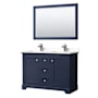 Wyndham Collection Avery 48" Free Standing Double Basin Vanity Set with Cabinet, Quartz Vanity Top, and Framed Mirror Dark Blue / White Quartz Top / Polished Chrome Hardware