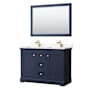 Wyndham Collection Avery 48" Free Standing Double Basin Vanity Set with Cabinet, Cultured Marble Vanity Top, and Framed Mirror Dark Blue / Carrara Cultured Marble Top / Brushed Gold Hardware